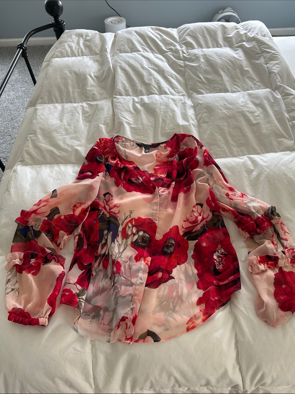White House Black Market Pink Sheer Blouse with Red Floral Print.  Never worn.